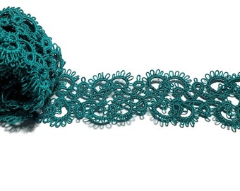 Tatted Lace Edging Sea Green Dark lace trim handmade tatting 1 yard