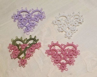 Tatted Heart lace handmade Valentine hearts embellishments 4pc sampler