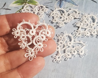 Tatted Heart white lace handmade Valentine hearts embellishments 5 pcs