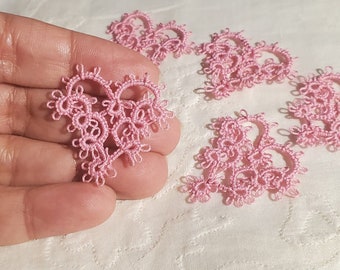 Tatted Heart Pink lace handmade Valentine hearts embellishments 5 pcs
