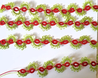 Tatted lace trim flower trim Christmas Bright 30 inches