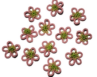 Tatted Lace Daisies Coral Pink color Scrapbook Card Making Motif Lace applique 1 dozen