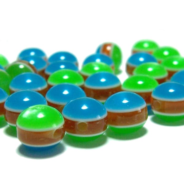 Tri color acrylic round 9mm beads green blue and brown 25pcs