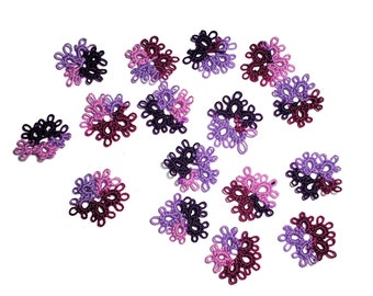 Tatted Lace Flowers Tatting in Purple mix color Scrapbook Card Making Junk Journal Motif 2 dozen