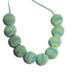 Handmade Crocheted Beads 13mm Sea Island Citrus color mix Greens and blues 10 beads