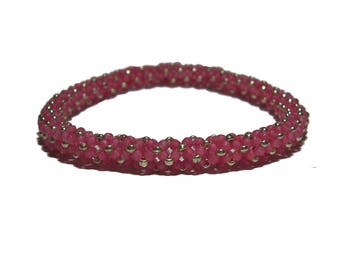 Pink Chenille Stitch Seed Beaded Bangle Bracelet