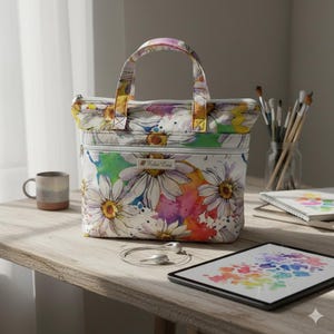 May include: A white tote bag with a daisy floral pattern and watercolour splashes of colour. The bag has a zip closure and a handle. The bag is on a wooden table with a mug, headphones, and a tablet.