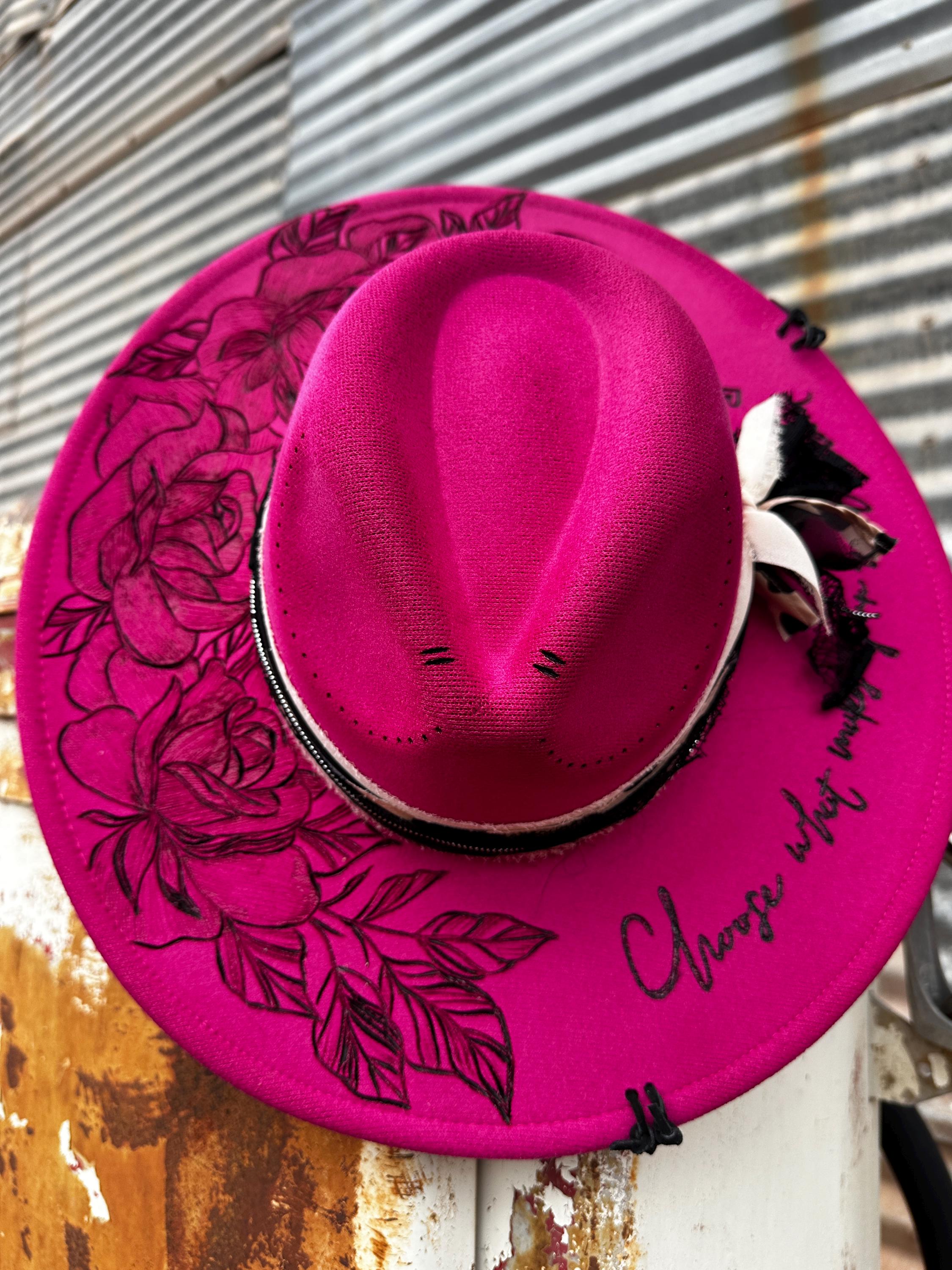 Elegant Rose Fuschia Women\'s Hand Burned Felt Hat Rose Burned Hat, Rose Engraved Cowboy Hat, Floral Hat, Rose  main image 3