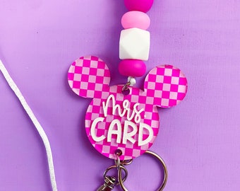 Personalized Pink Checkered Mouse Lanyard
