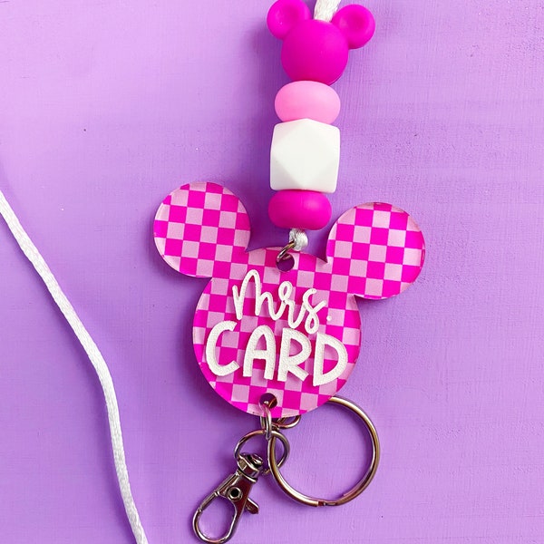 Personalized Pink Checkered Mouse Lanyard