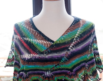 Handknitted Shawl/Shawlette in Shades of Black, Green and Purple