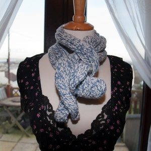 Handknitted Scarf in Blue and White Yarn