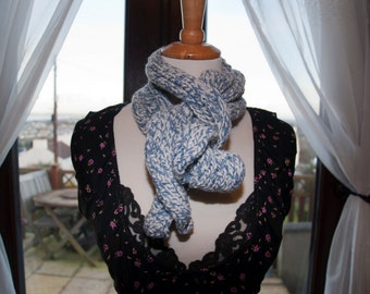 Handknitted Scarf in Blue and White Yarn