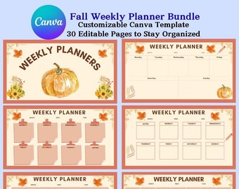May include: A set of four printable weekly planner templates featuring a fall theme with orange, brown, and yellow colors. The templates include a pumpkin, leaves, and floral accents. The text "Weekly Planners" is displayed at the top of the image.
