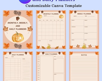 May include: A set of customizable Canva templates for monthly, weekly, and daily planners. The design features a warm color palette with autumn-themed illustrations, including pumpkins, leaves, and acorns. The text "Monthly, Weekly, and Daily Planners" is displayed.