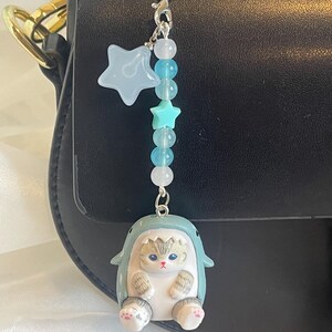 May include: A charming handbag charm with a light blue star and bead details, and a small cat figurine in a shark costume. The charm is attached to a black handbag with a gold chain handle. A delightful accessory.