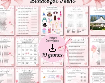Teen Birthday Party Games Bundle ,Printable Games , Pink Princess ,Trivia ,19 Activities for a Pink party, Find the guest, would she rather