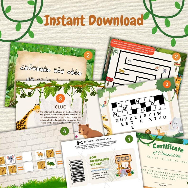Safari Zoo Escape Room for Kids Printable Escape Game Solve 4 Clues Safari Zoo Escape Room for Kids Printable Escape Game Solve 4 Clues