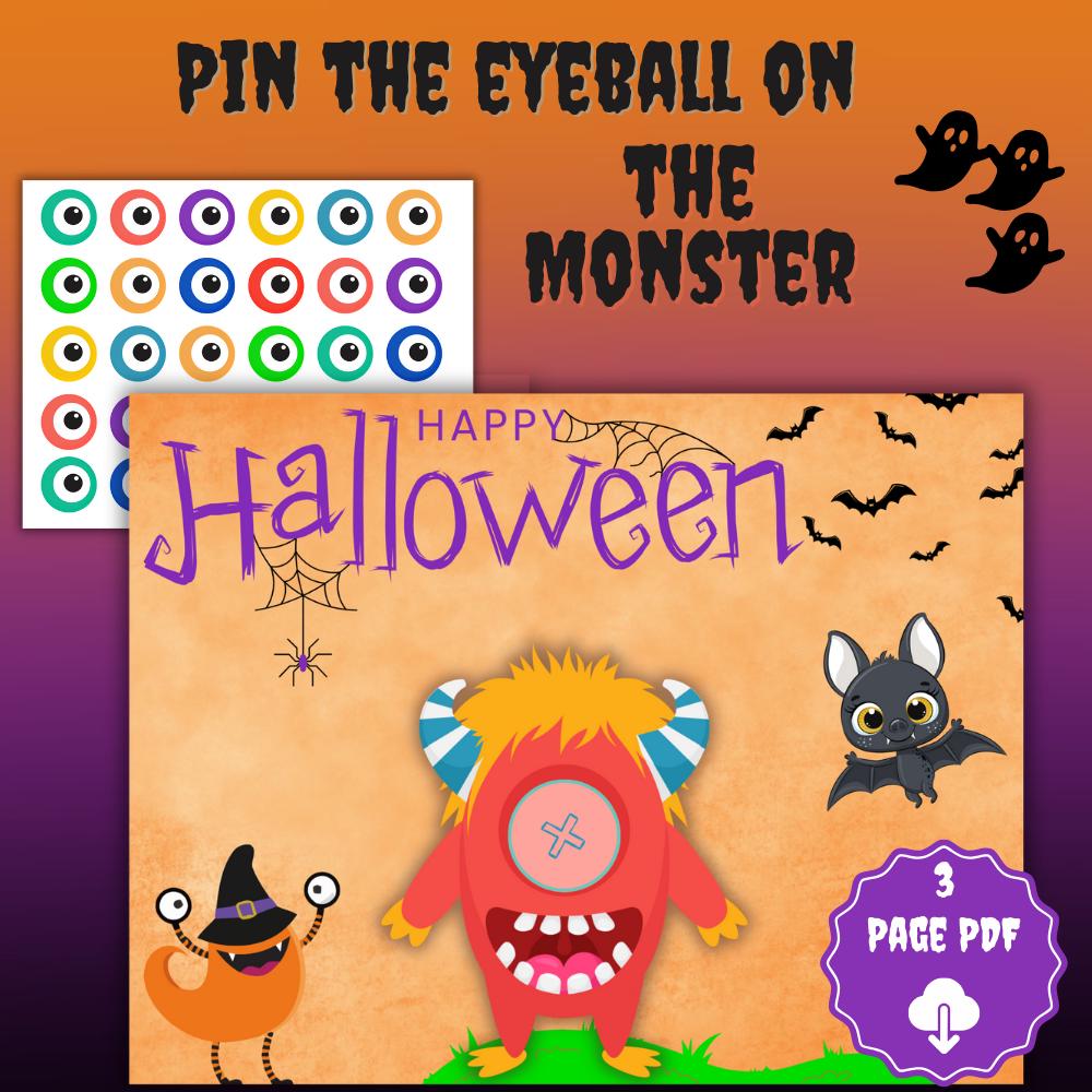 Pin the Eye on the Monster , Halloween Party Game ,Printable Kids Birthday Activity , Instant Download