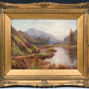 Antique Highland Valley Loch Oil Painting: 19th Century Victorian Landscape in Gilt Frame
