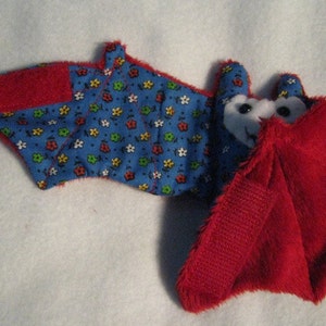 Multicolor Flowers on Blue with Red Faux Fur Bat stuffed animal, toy, coffee cozy, cup sleeve image 2