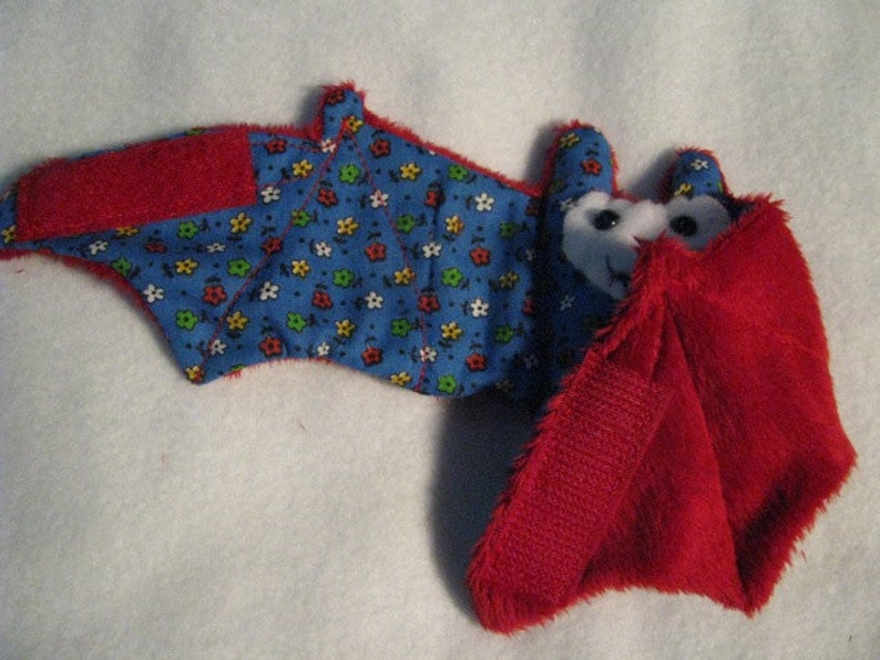 Multicolor Flowers on Blue with Red Faux Fur Bat stuffed animal, toy, coffee cozy, cup sleeve image 2