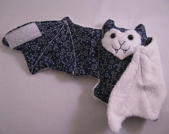Dark Blue with white comical stars and moons on White Faux Fur - Bat Coffee Cozy, Cup Sleeve, Stuffed Animal