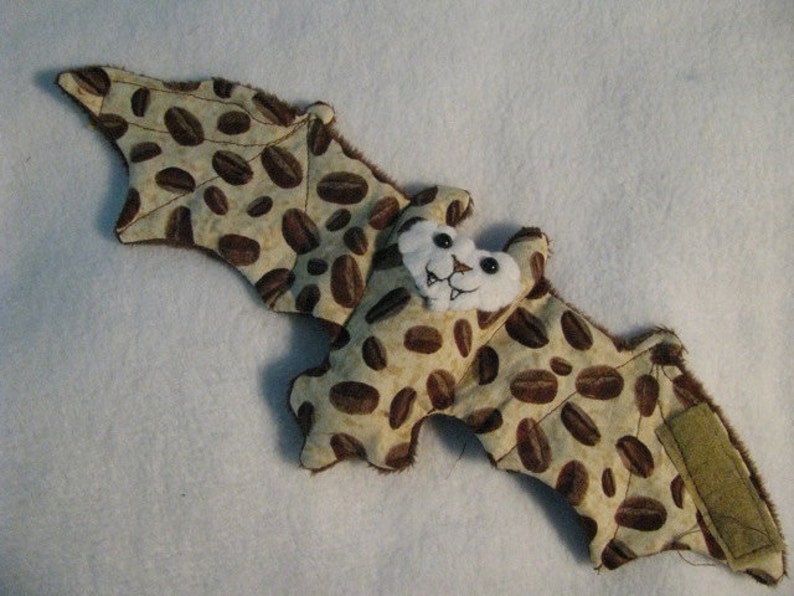 NEW tan coffee bean fabric bat Stuffed Animal, Coffee Cozy, Cup Sleeve image 1