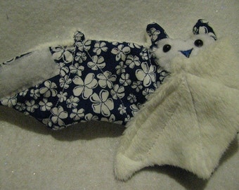 Hibiscus Hawaiian Navy bat on white faux fur - stuffed animal, toy, coffee cozy, cup sleeve