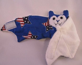 4th of July Bat Stuffed Animal\/Coffee Cozie\/Cup Sleeve - Stars and Stripes in a Star on White Faux Fur