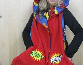 Comic Book Pow Zap Hooded Scarf with Pockets - Black and White