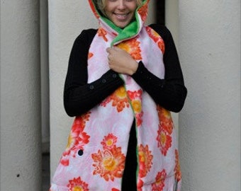 Hooded Scarf with Pockets -Pink Flowers and greenery hidden Chameleons