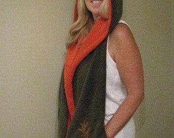 Fall Leaves Rusty Orange and Olive Green Hooded Scarf with pockets