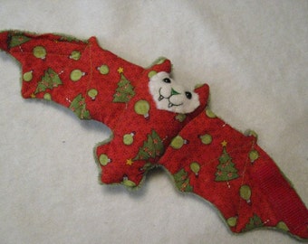 Christmas Ornaments and Trees on Red with Green Faux Fur Bat Coffee Cozy, Cup Sleeve, Stuffed Animal