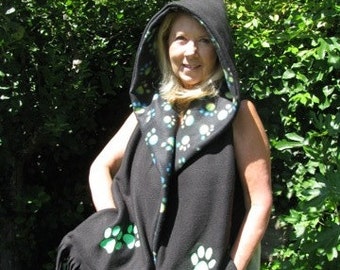 Paw Print Hooded Scarf with Pockets - Black with Green and Blue Paw Prints