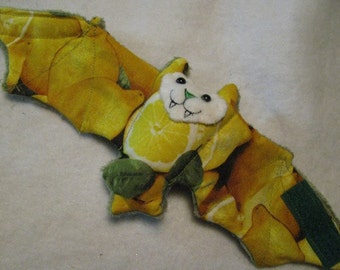 Lemons on Olive Faux Fur - Bat Stuffed Animal, Coffee Cozy, Cup Sleeve