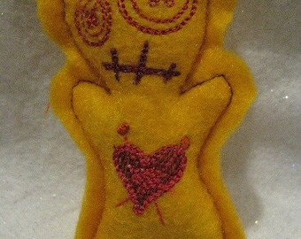 Voodoo Doll Pin Cushion or Pocket Pal - Yellow with Purple, Pink and Orange