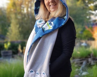 Yeti or Abominable Snowman Embroidered Hooded Scarf with pockets