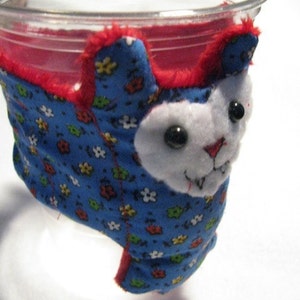 Multicolor Flowers on Blue with Red Faux Fur Bat stuffed animal, toy, coffee cozy, cup sleeve image 5