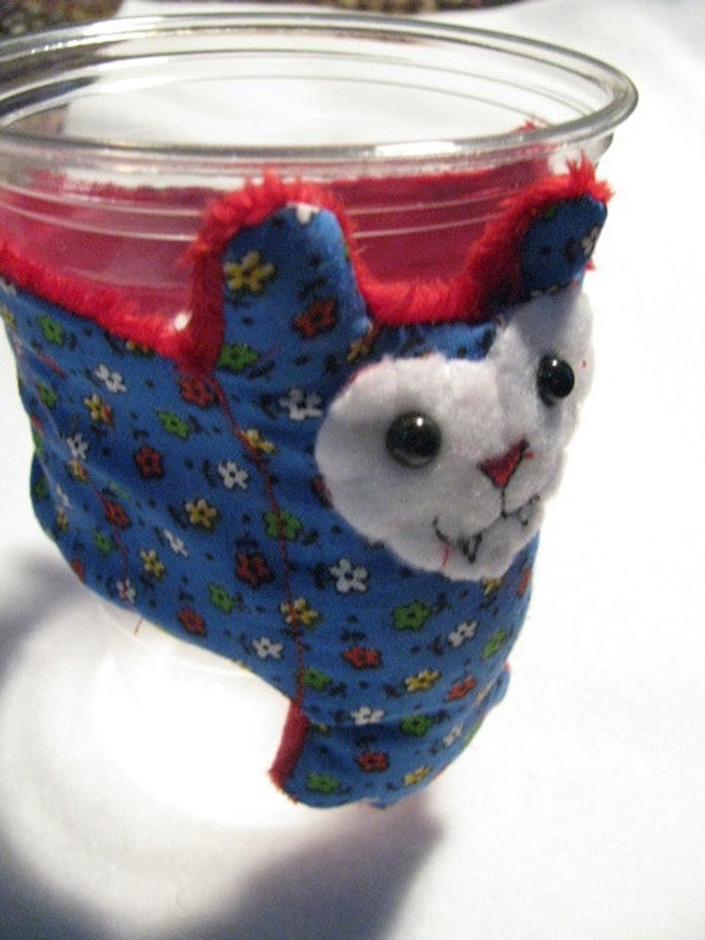 Multicolor Flowers on Blue with Red Faux Fur Bat stuffed animal, toy, coffee cozy, cup sleeve image 5
