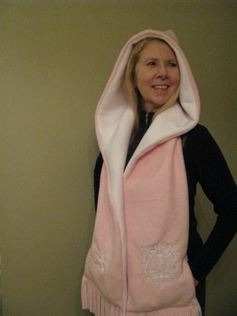 Hooded Scarf with Pockets White/Light Pink Damask Bat Design image 2