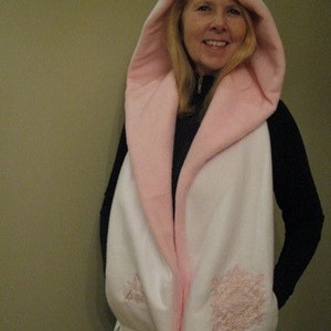 Hooded Scarf with Pockets White/Light Pink Damask Bat Design image 1