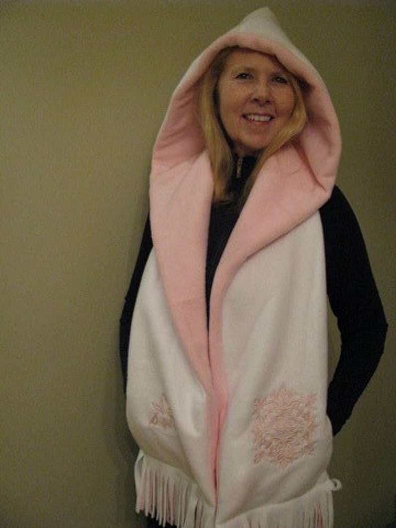 Hooded Scarf with Pockets White/Light Pink Damask Bat Design image 1