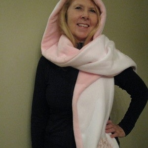 Hooded Scarf with Pockets White/Light Pink Damask Bat Design image 5