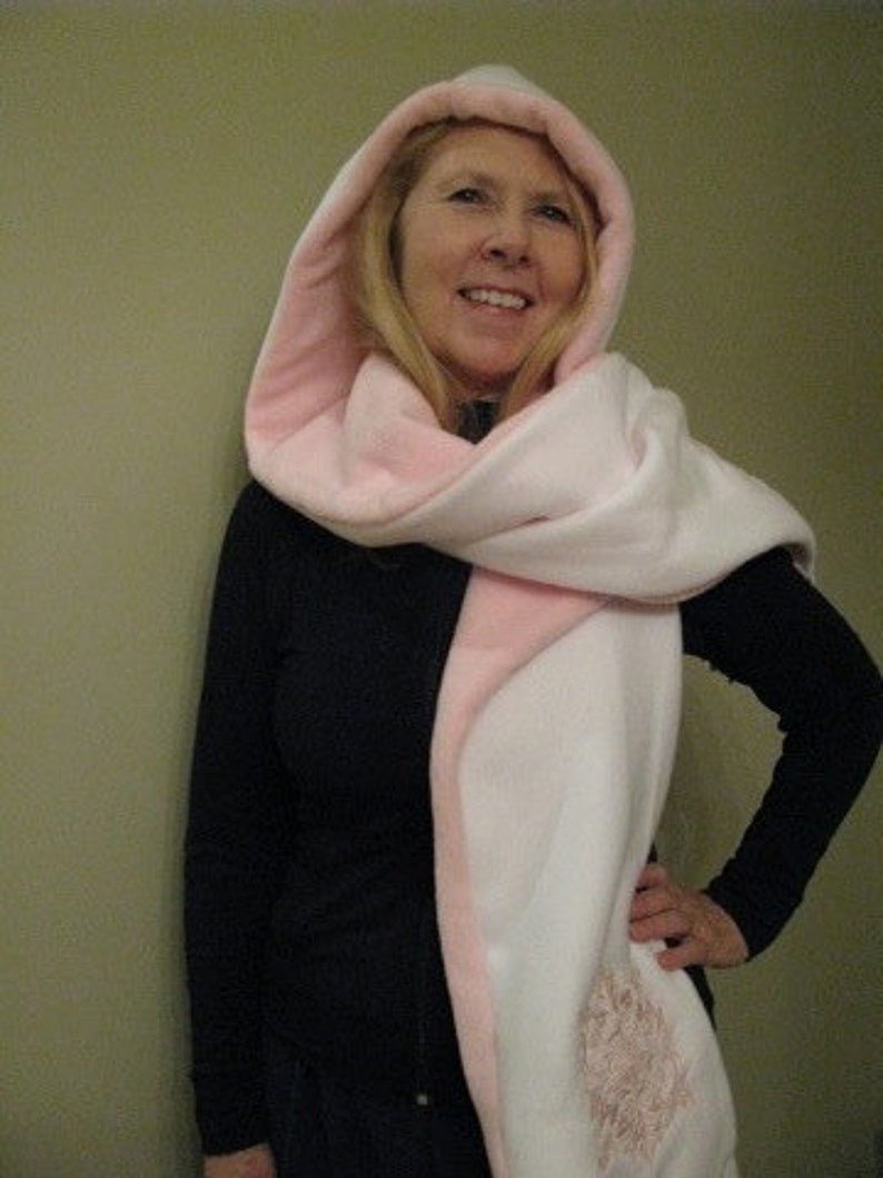 Hooded Scarf with Pockets White/Light Pink Damask Bat Design image 5