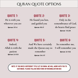May include: A light beige graphic with the title "Quran Quote Options" and six quotes from the Quran. Each quote is accompanied by its source reference. A note at the bottom encourages customization.