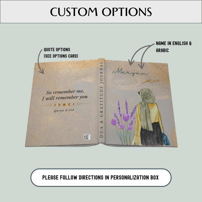 May include: Open journal with the text "So remember me, I will remember you" and "Quran 2:152". The cover features a woman in a hijab, purple flowers, and the name "Maryam" in English and Arabic. The journal is labeled "DUA & GRATITUDE JOURNAL".
