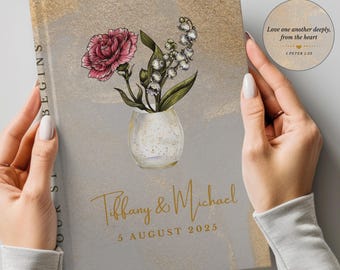 Personalized Christian Engagement Journal, Birth Flower Notebook, Couple’s Names & Anniversary Date, Scripture Verse Wedding Gift Keepsake