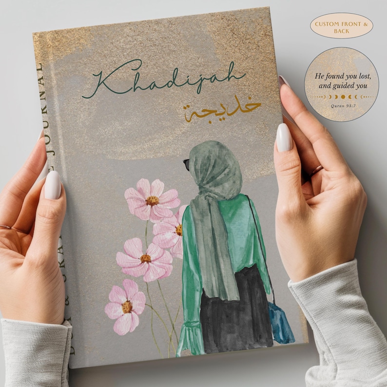 May include: A journal with a watercolor illustration of a woman in a hijab, green blouse, and black skirt, holding a blue purse. The cover has the name "Khadijah" in script and Arabic, with the text "He found you lost, and guided you" and "Quran 93:7".
