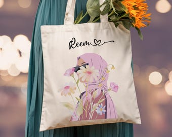 Custom Hijabi Girl Tote – Wanderlust Floral Gift for Muslim Women, Graduation, Nikkah, Eid Mubarak, Islamic Gift for Her